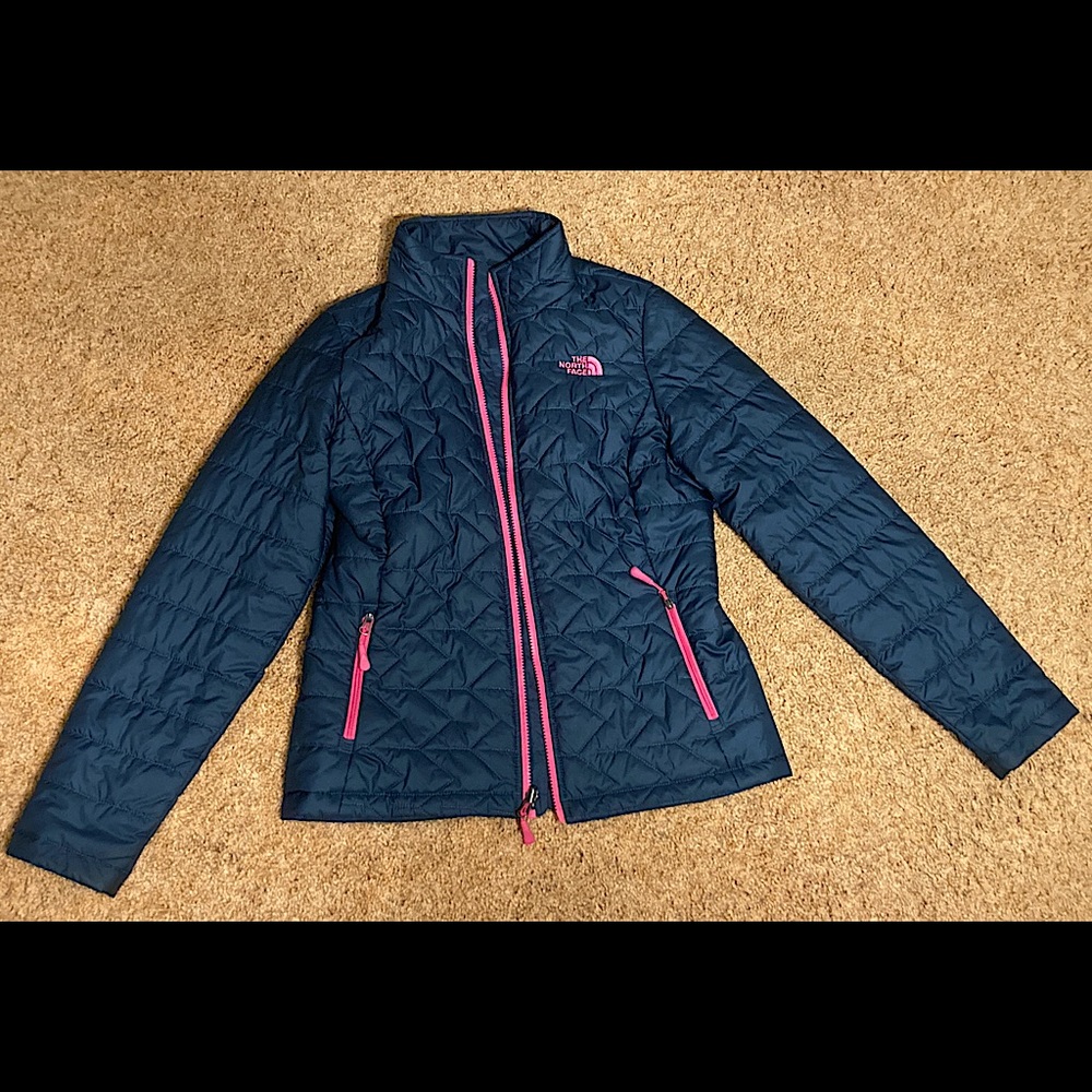 The North Face Jacket; Dark Blue with pink trim